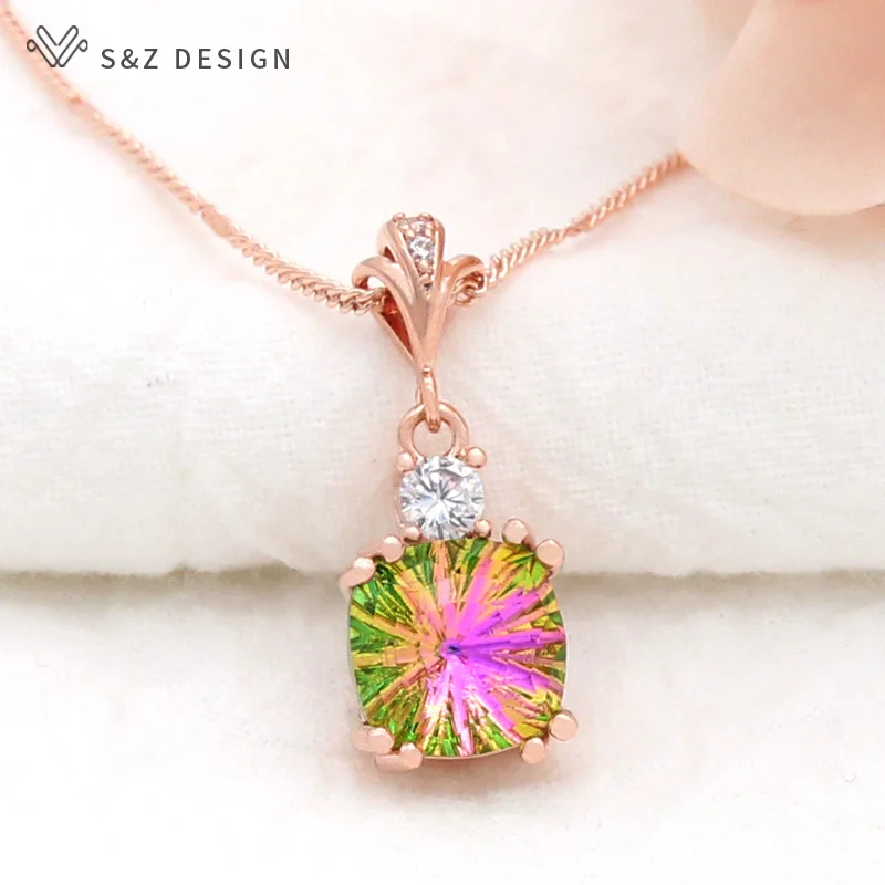 S&Z DESIGN New Fashion Elegant Luxury Colorful Square Crystal Pendant Necklace For Women 585 Rose Gold Color Jewelry