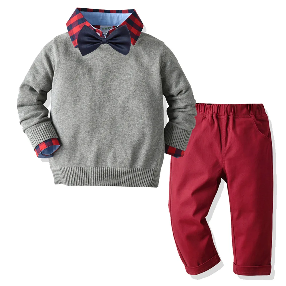 Комплект из трех предметов для мальчиков; детский вязаный свитер; Клетчатая блуза с длинными рукавами и брюки; Милая Изысканная детская одежда в консервативном стиле - Цвет: Gray