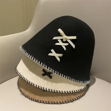 

шапка Autumn Winter Women's Wool Fisherman Hat Bow Tie Strap Girl Outdoor Warmer Fur Bucket Cap Retro Elegant Bowl Hat Panama