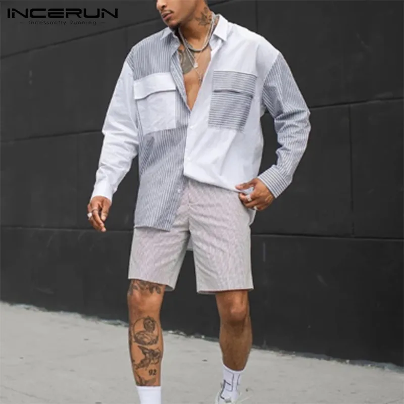Модная мужская рубашка в полоску из кусков с длинным рукавом, свободная,, Camisa, уличная одежда, с карманами, с отворотом, шикарные повседневные рубашки, мужские S-5XL, INCERUN