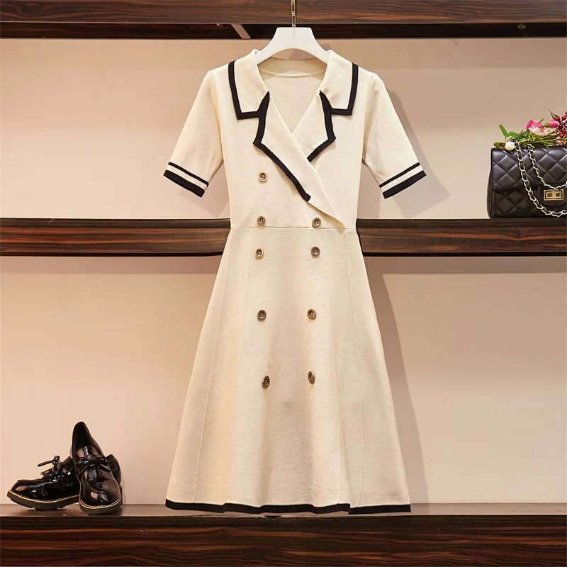 beige short sleeve Осеннее офисное двубортное трикотажное платье-свитер, Женский пуловер хитового цвета с длинным рукавом, элегантное мини-платье трапециевидной формы - Цвет: beige short sleeve