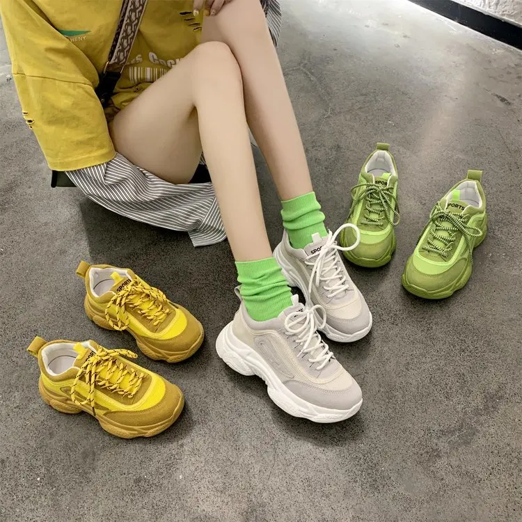 Женские кроссовки на массивной платформе; цвет желтый, зеленый; женская обувь для баскетбола на толстой подошве; женская спортивная обувь; Новинка года; повседневные модные кроссовки