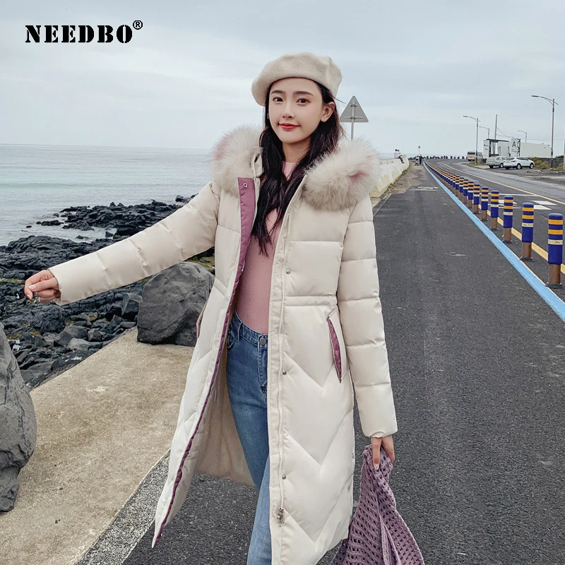 NEEDBO, зимняя куртка для женщин, меховой воротник, длинная парка, повседневная, тонкая, для женщин, зимние пальто и пуховик, стеганая верхняя одежда, длинное пальто для женщин
