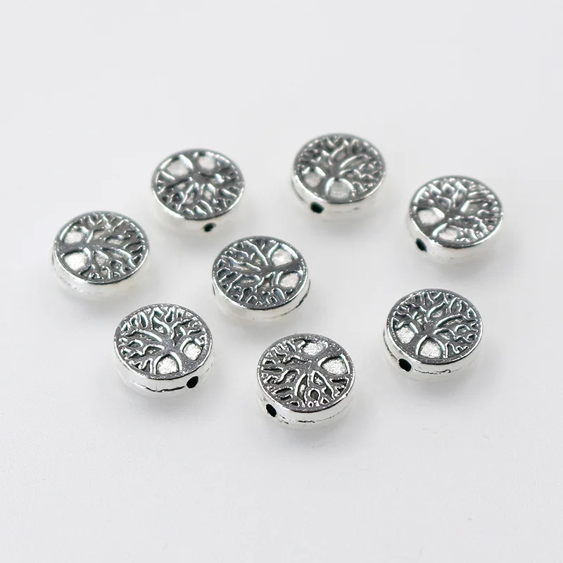 50pcs/lot Tibetan Silver Cake Shape Life Tree Spacer Beads Bracelets Wig Beard Metal Charm Loose Bead For DIY Jewelry Making