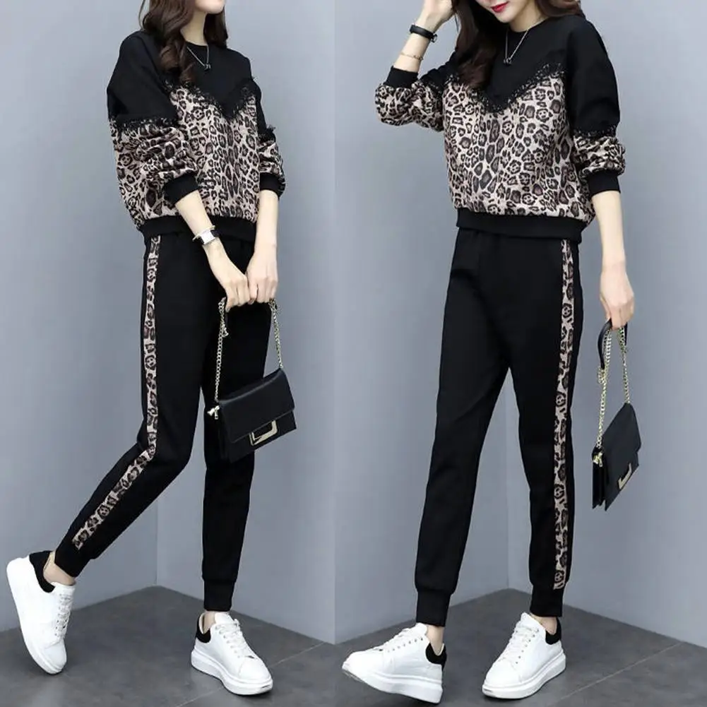 Yfashion Plus Size Two-piece Long-sleeved T-shirt Leopard Lace Casual Pants Loose High Waist Autumn Sports Suit