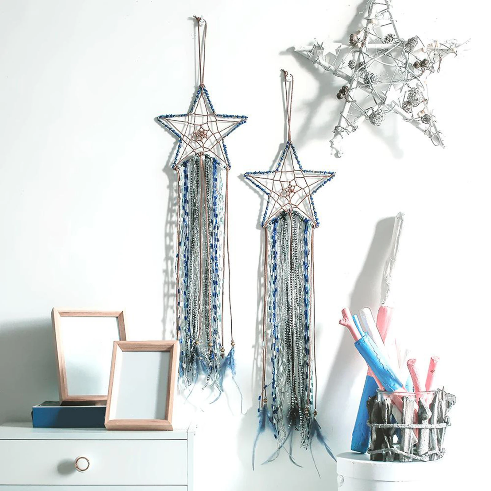 Star Dream Catcher Total Length 80cm/31'' Iron Cotton Bohemian Tapestry Home Wall Boho Decor Macrame Hanging