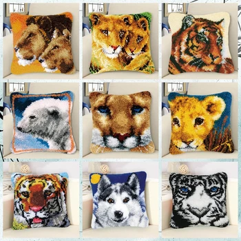 

Animal Tiger Cushion Latch Hook Kit Pillow Mat Craft Flower 42CM*42CM Cross Stitch Needlework Crocheting Cushion Embroidery DIY