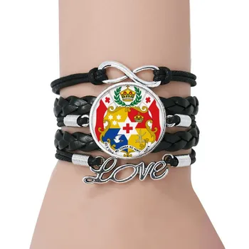 

Tonga Oceania National Emblem Bracelet Love Black Twisted Leather Rope Wristband