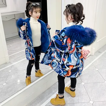 

New Fashion Brand Hooded Winter Jackets girls clothing Graffiti Teenagers Thick Long Coat Kids baby girl Clothes parka real fur