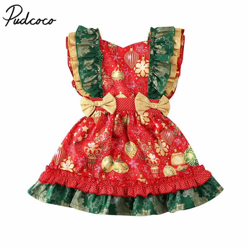 2020 Baby Summer Clothing Xmas Toddler Kid Girls Christmas Pageant Bow Tutu Dress Sleeveless Ruffled Princess Clothes | Детская одежда