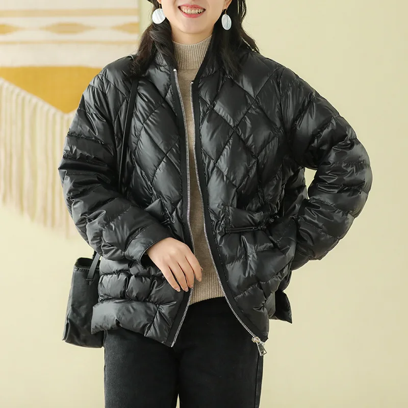 Winter Down coat Women Large size Loose Warm Coat 2019 New Tops V-Neck Zipper Casual Female White duck down jacket |