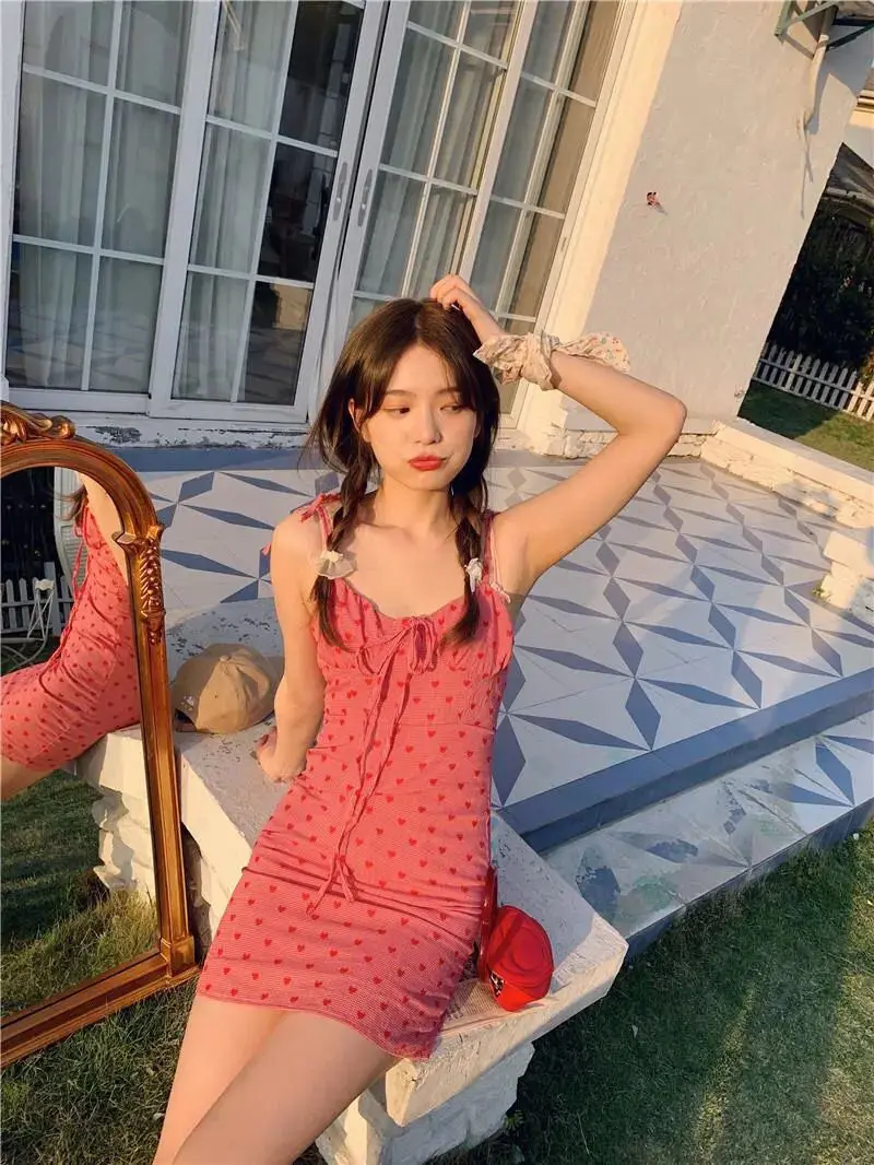 Sleeveless Sheath Midi Dress Women’s Sexy Bandage Cute Ulzzang Mini Trendy Holiday Vacation Womens Student Summer Beach Getaway Popular Leisure Ins Comfortable Spaghetti Straps Dresses for Woman in love heart Pink 