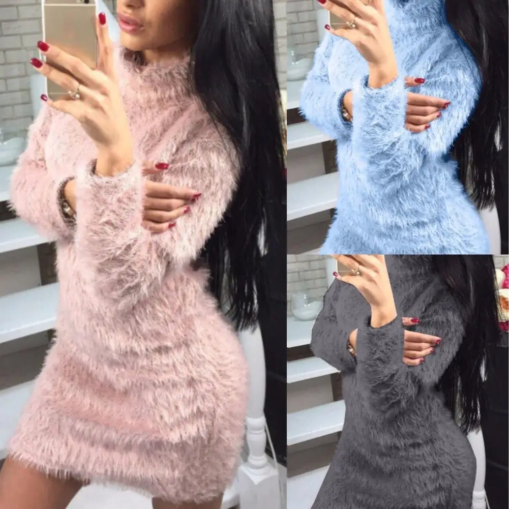 Women Sweaters Autumn Winter Solid Color Sexy Turtleneck Sweaters Long Sleeve Sweater Mini Dress