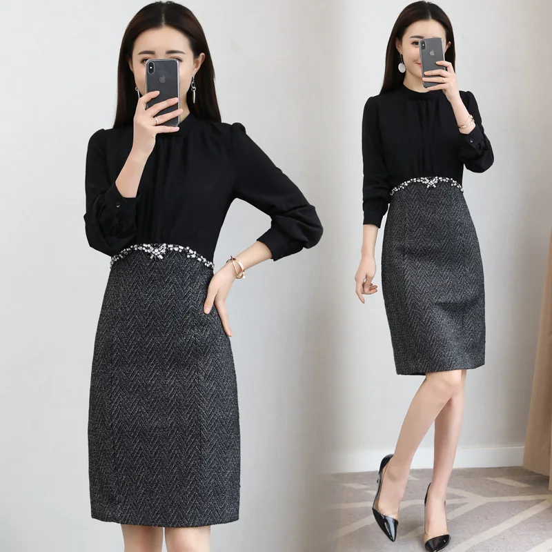 Mode Verse Eenvoudige Straat Veelzijdige Koreaanse stijl 2018 En Najaar Nieuwe Stijl Splicing Jurk Kralen Een-stap rok