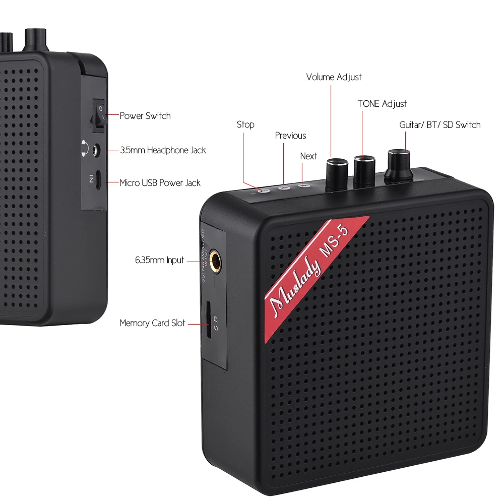 Muslady MS 5 Portable Mini Guitar Amplifier Amp Speaker 5W Support BT Connection with Memoey Card Slot Headphone Output