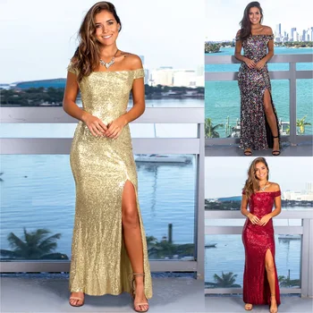 

Elegant Gold Red Off Shoulder Split Glitter Long Dress Women Sexy Party Club Shine Long Sequin Party Dress Vestidos