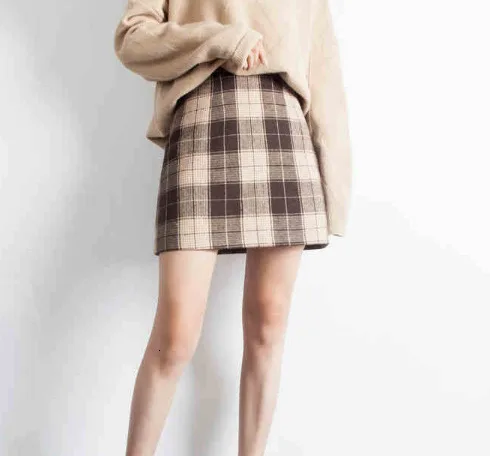 Осенняя шерстяная мини-юбка для женщин с высокой талией, винтажные клетчатые юбки трапециевидной формы на молнии - Цвет: khaki
