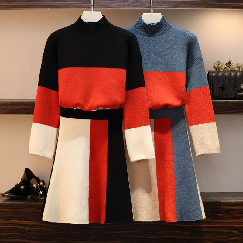 

High Quality Plus Size Women Knit 2 Piece Set Fall Winter Hit Color Striped Knitted Thick Sweater Suits + Short Swing Skirt Set