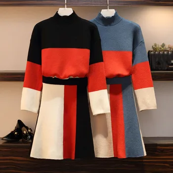 

High Quality Plus Size Women Knit 2 Piece Set Fall Winter Hit Color Striped Knitted Thick Sweater Suits + Short Swing Skirt Set