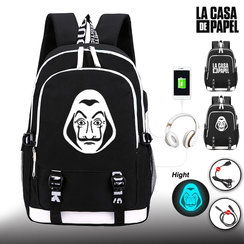 House of Paper рюкзак Ёмкость для студентов usb зарядка Mochilas La Casa De Papel школьная сумка