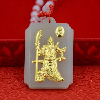 

Natural Hetian jade Guan gong pendant Gold jade men white jade necklace pendant