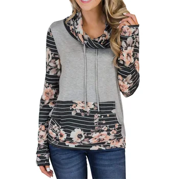 

Kureas Women T Shirts Turtleneck Elegant Floral Print Knitted Tops Drawstring Long Sleeve Patchwork Women Clothing Spring Autumn