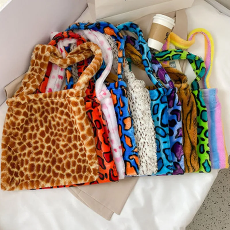 2021 Lamb Plush Soft Women's Bags Leopard stripes Handbags Winter Fluffy Warm Crossbody Book Totes Large Capacity Shoulder Bag | Багаж и