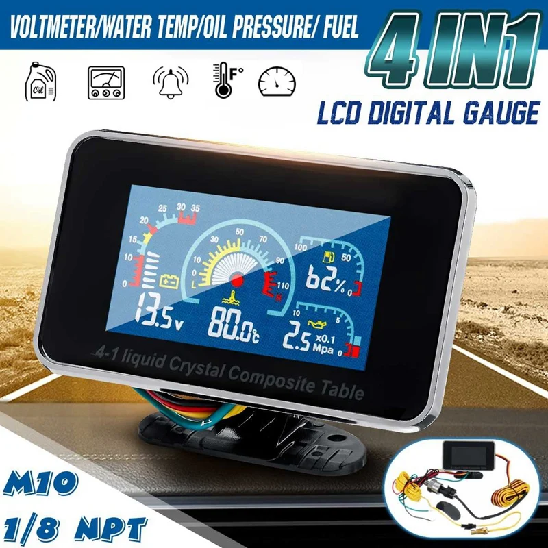 

12V/24V 4 in 1 LCD Car Digital ALARM Gauge Pressure Voltmeter Volt Water Temperature Oil Pressure Fuel Gauge Temperature Sensor