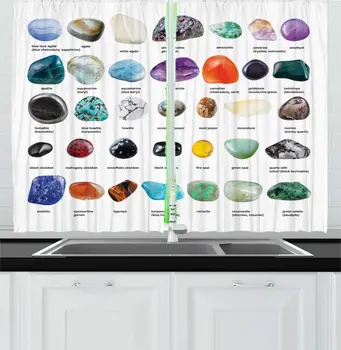 

Multicolor Stones Kitchen Curtains Educational Geological Pattern Colorful Gemstones with Names Written for Kitchen Cafe Decor