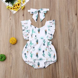 Ensemble d'été pour bébés filles, barboteuse à volants, imprimé Cactus, dos nu, bandeau, tenues, vêtements pour petites filles 
