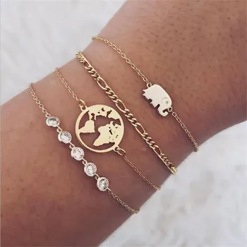 

Fashion 4Pcs/Set Chain & Link Bracelets Elephant World Map Crystal Women's Bracelet Romantic Valentine's Day Gift