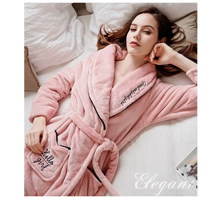 Новое Розовое женское зимнее Коралловое кимоно из рунной шерсти, домашний халат, толстая теплая ночная рубашка, милая женская ночная рубашка