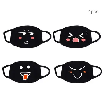 

4 Pcs Black Cute Expression Print Soft Cotton Dust Mask for Adult Children Reusable Face Cover Dustproof Washable Unisex
