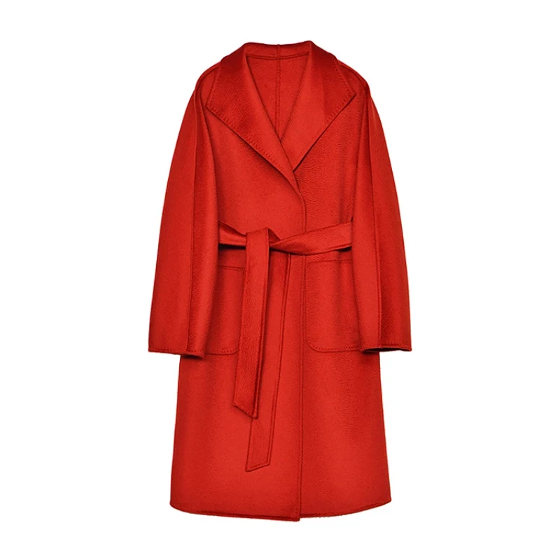 IRINAY910 осень зима Новая коллекция длинное двубортное шерстяное пальто с поясом для женщин - Цвет: Красный
