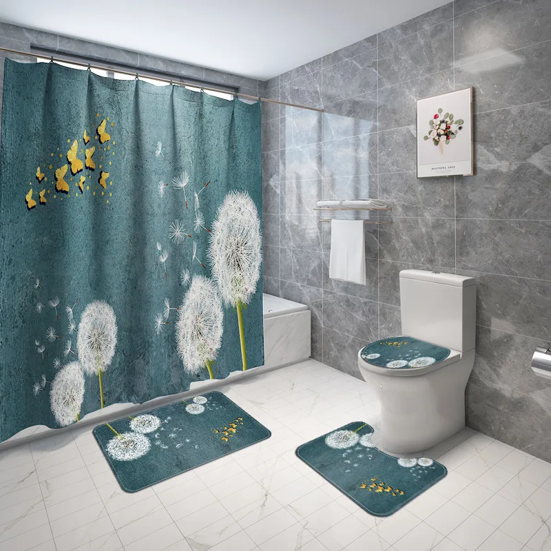 4pcs Shower Curtain Set Non-slip Bathroom Carpet Absorbent Toilet Mat Waterproof Shower Room Floor Mat Anti Slip Bathroom Rug