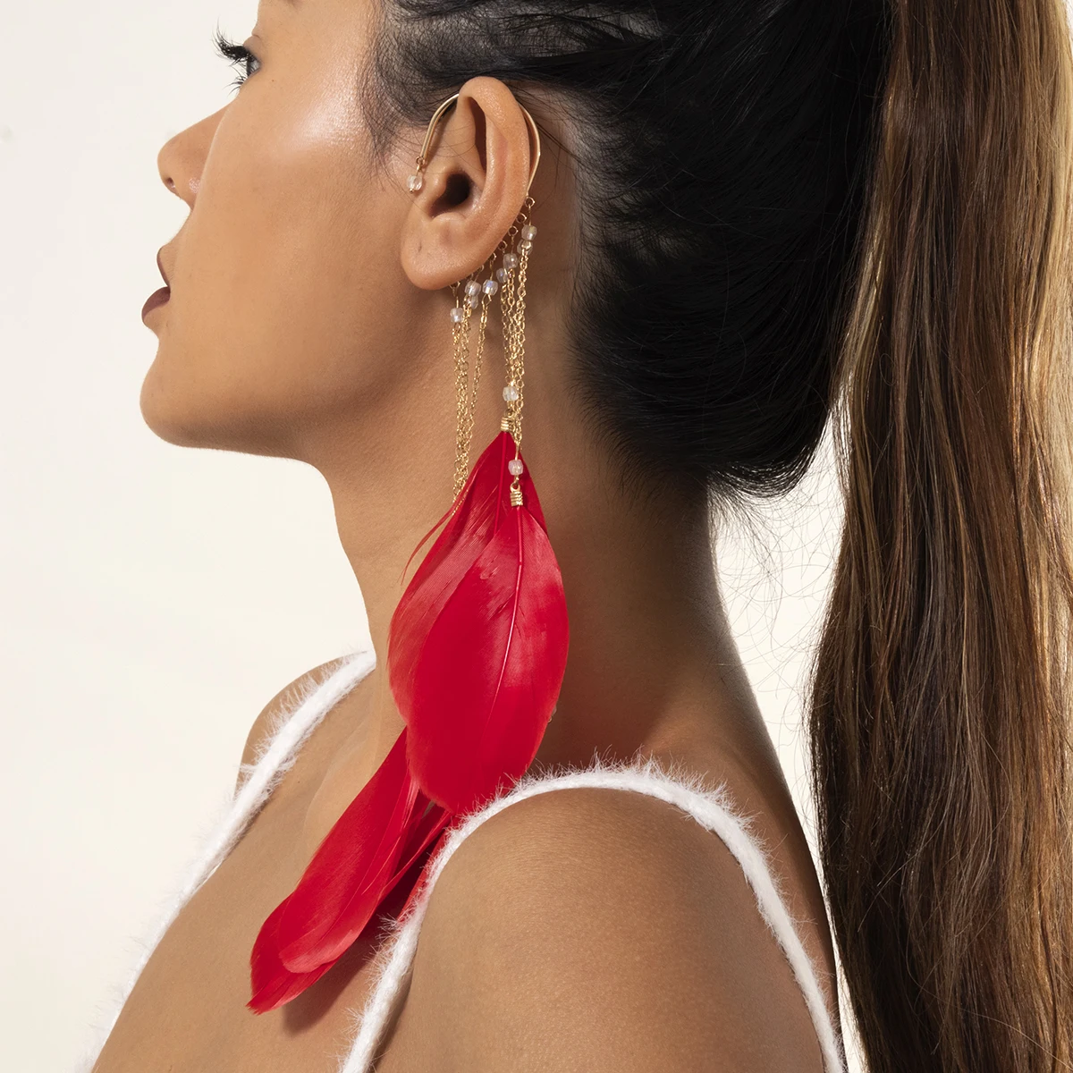 Exaggerated Long Tassel Elf Ears Cuff Earrings For Women Vintage Feather Earrings Fashion Jewelry without Puncture