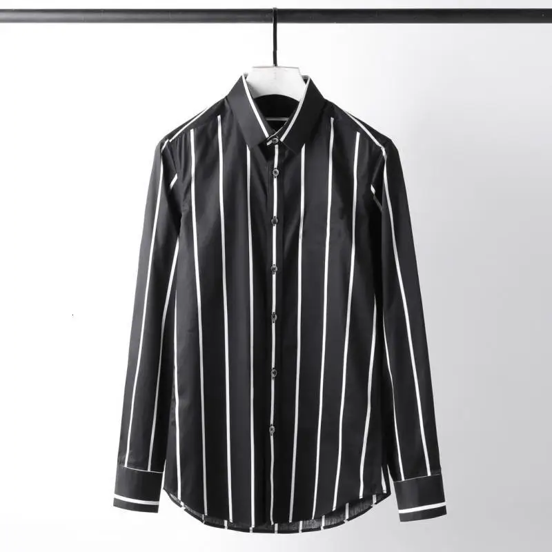 Cotton Men Shirt Fashion White Black Striped Men Shirt Long Sleeve Plus Size 4xl Slim Fit Patry Wedding Men Dress Shirts