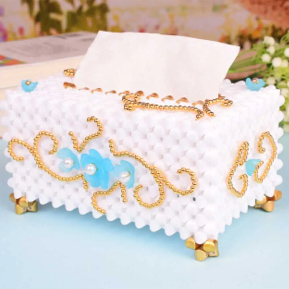 Sky blue Handmade DIY Tissue Box Holder Beads Woven Rectangular Room Office Car Tissue Box Cover JS21 - Цвет: Sky blue