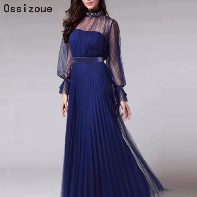 

Plus Size Navy Blue Formal Mother Of The Bride Dress Long Sleeves Illusion Neck Women Lady Evening Dress In Stock