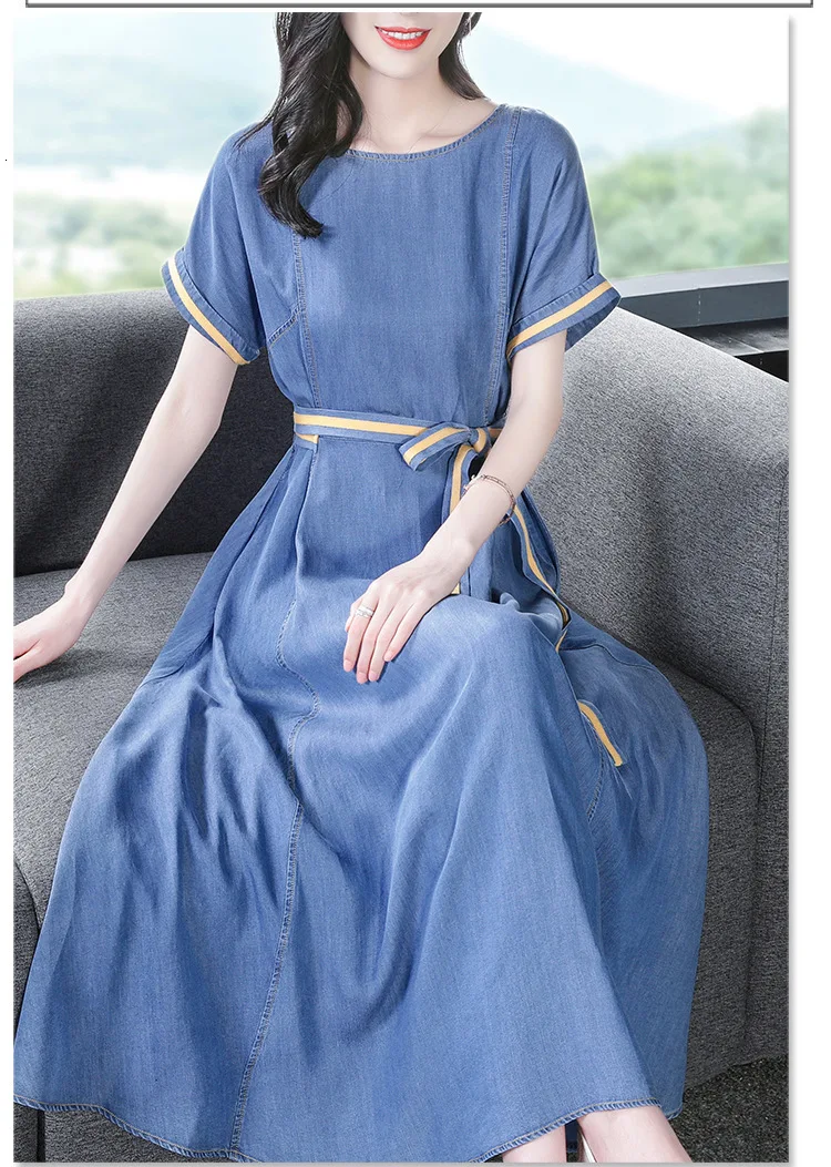 Tencel, джинсовое платье для женщин, весна, новинка, темперамент, круглый вырез, тонкое платье, vestidos de verano, сексуальное женское платье, Ретро стиль