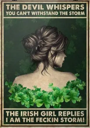 

ZMKDLL The Devil Whispers You Can't Withstand The Storm The Irish Girl Replies I Am The Feckin Storm Retro Metal Tin Sign