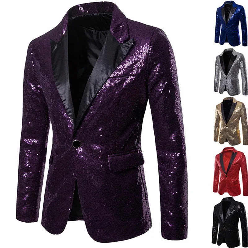 Mens Sequins Suit Blazer Jacket Male Slim Thin Club Stage Blazer Formal Wedding Brand Shiny Glitter Embellished Blazer