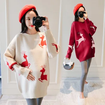 

New autumn and winter breastfeeding clothes out autumn and winter knit bottoming shirt feeding milk print deer sweater loose