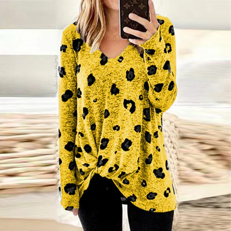 Viensta 5XL Осенняя Длинная женская рубашка с v-образным вырезом и цветочным принтом модная блузка с длинными рукавами и узлом сбоку элегантная женская блуза - Цвет: Yellow