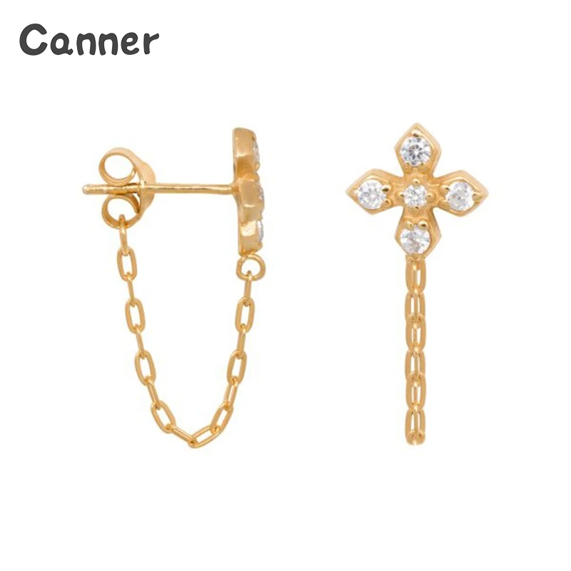 

Canner Real 925 Sterling Silver Cross Zircon Stone Link Chain Stud Earrings for Women Men Piercing Earrings Jewelry Orecchini