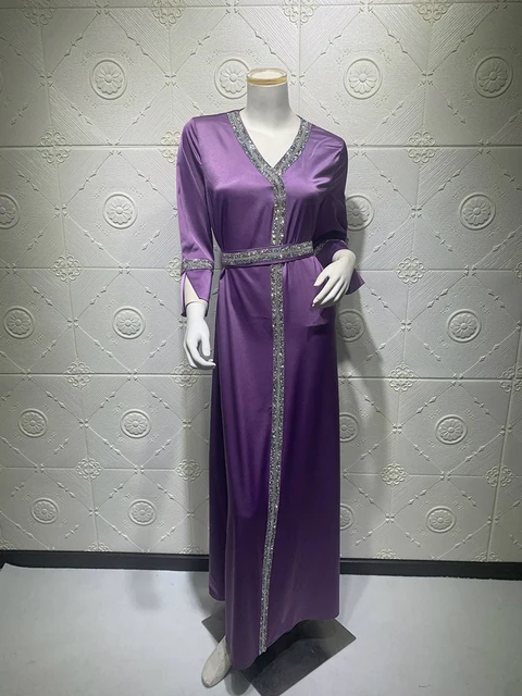 Satin Maxi Dress Jalabiya Women Middle East Diamond V Neck Long Sleeve Tie Waist Muslim Islamic  Clothes Abaya Turkey Dubai 2020 5