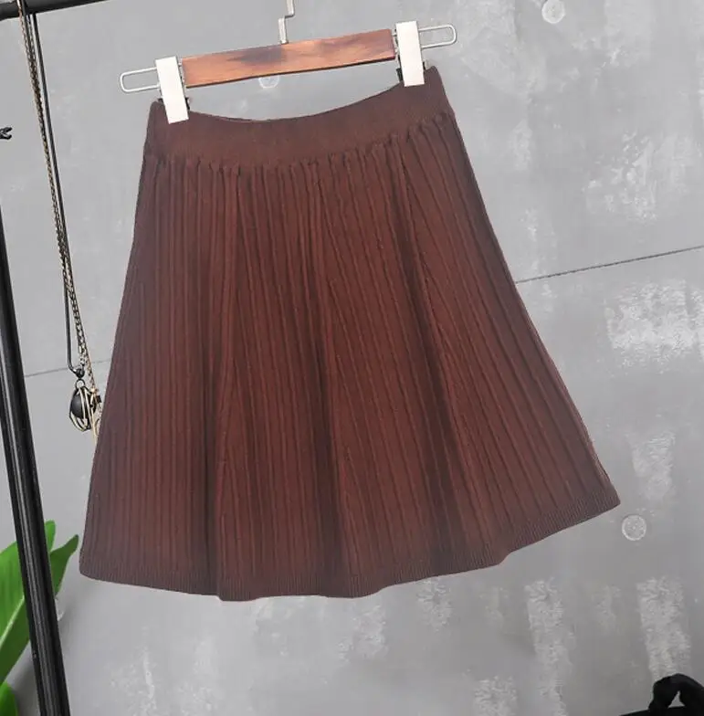 Элегантная трикотажная плиссированная Женская юбка Весна Осень Корейская Повседневная трапециевидная юбка с высокой талией Высококачественная длинная юбка черная Saia - Цвет: brown