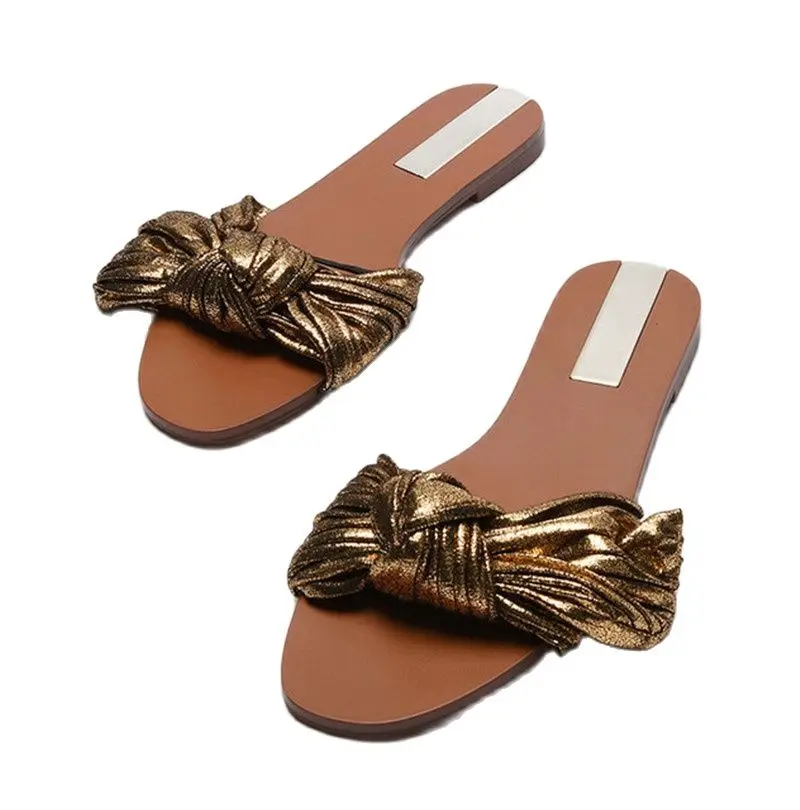 

Summer Golden Metallic Bowknot Flat Sandals For Womens Outer Wear New Open-Toed Lazy Half Slippers Women