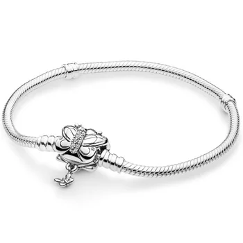 

New 925 Sterling Silver Bracelet Moments Decorative Butterfly Clasp Snake Chain Bracelet Bangle Fit Bead Charm Fine Jewelry
