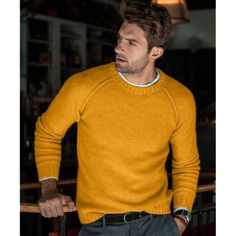 Высокое качество, модный мужской свитер, пуловеры, Повседневные вязаные свитера для мужчин, большие размеры, верхняя одежда с круглым воротником, зимние теплые свитера - Цвет: Цвет: желтый